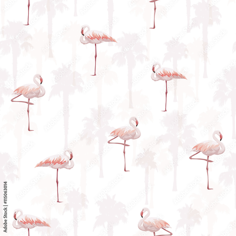 Naklejka premium Tropical summer seamless pattern with flamingo birds