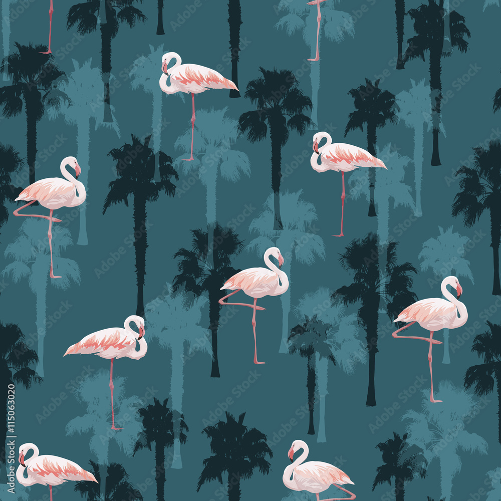 Naklejka premium Tropical summer seamless pattern with flamingo birds