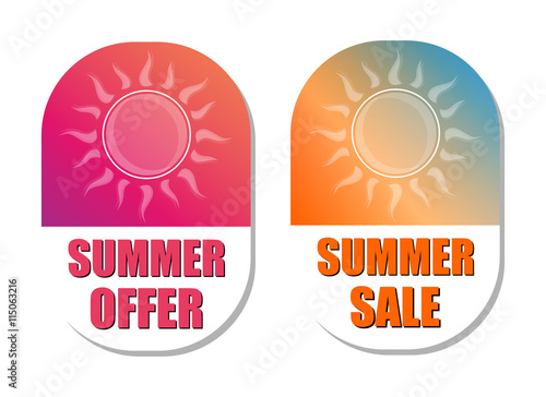 summer offer and sale with sun signs, flat design labels, vector