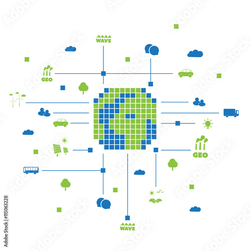 Digital and Green Eco Friendly World - Global Connections, Public Network Infrastructure - Design Concept with Icons - Vector Illustration, Technology Template