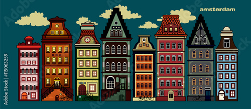 Amsterdam.Colorful illustration of old traditional Amsterdam houses.Greeting card design