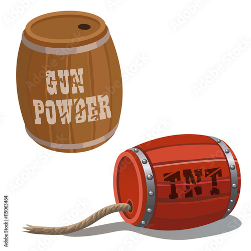 Wooden barrels with dynamite and wick