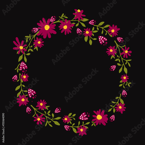 Floral wreath on dark background. Hand drawn flowers frame, vector design with copyspace
