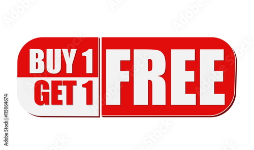 buy one get one free, white and red flat design label, vector