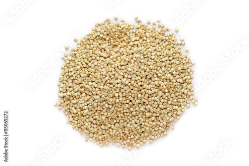 Organic Quinoa (Chenopodium quinoa) seeds isolated on white background. Macro close up. Top view.