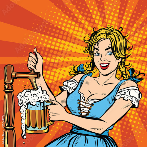 Young blond woman pours a beer, Germany national costume