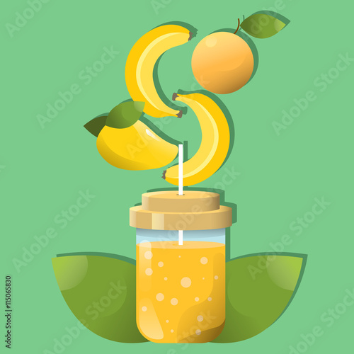 Smoothie with mango, banana and peach on green background