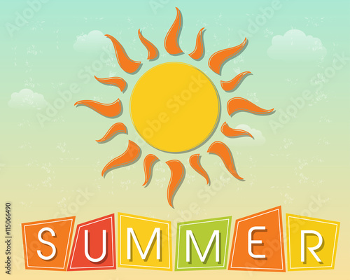 summer with sun over blue sky, retro label, vector