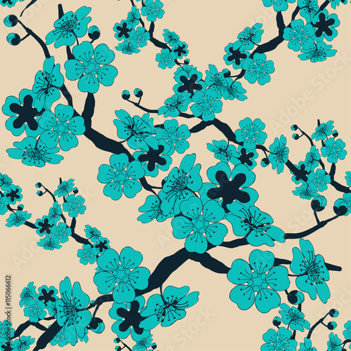 a Japanese style seamless tile with a cherry tree branch and flowers pattern in ivory and blue shades