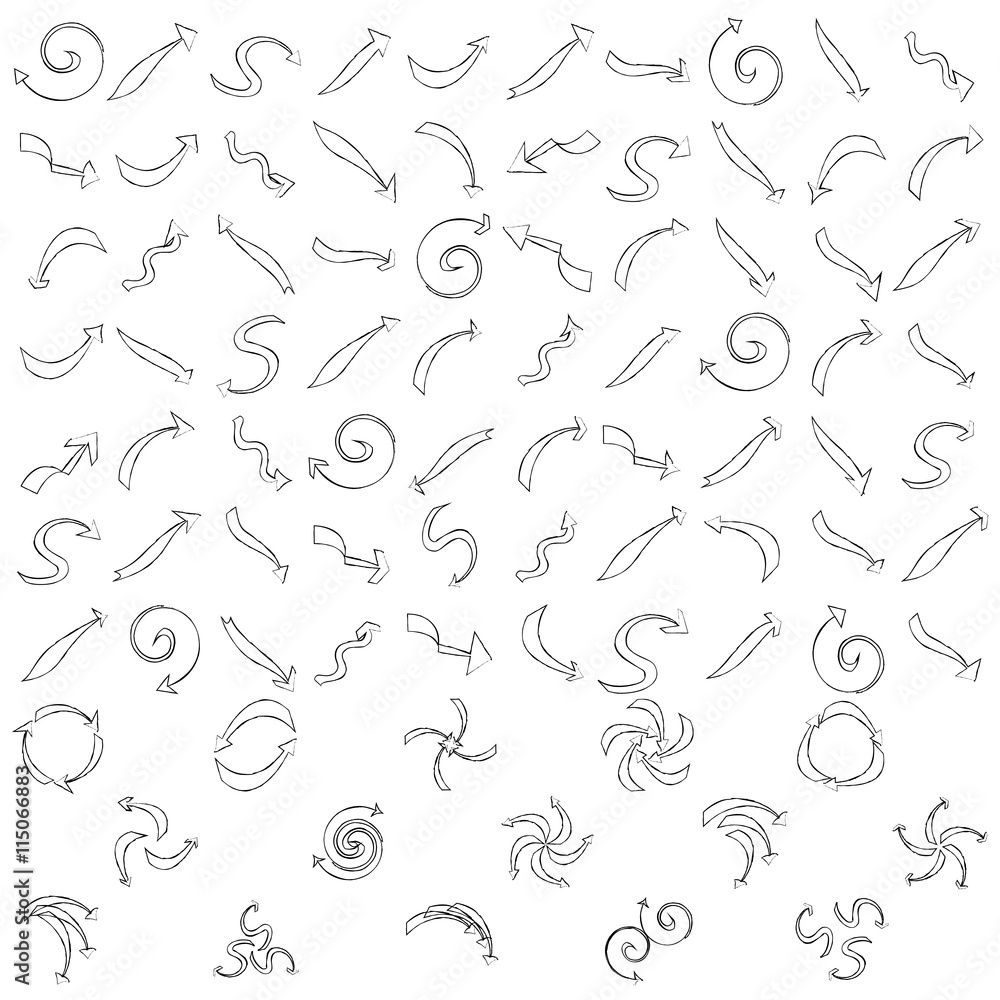 Arrows painted handle. Set of black pointers. A collection of cursors. Icon design elements of progress. Group of recycling symbols. Vector illustration.
