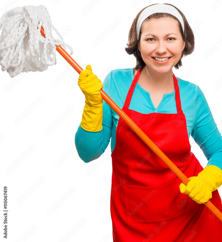 cheerful beautiful housewife holding a mop in his hand, shot on cheerful beautiful housewife holding a mop in his hand, shot on