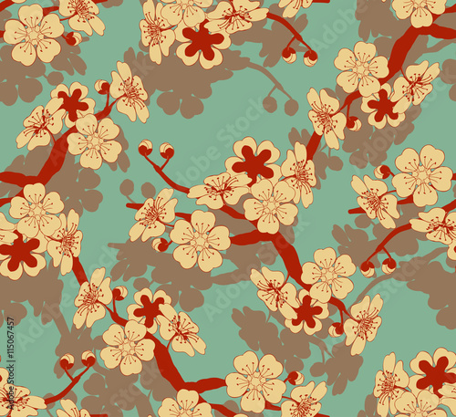 a Japanese style seamless tile with a cherry tree branch and flowers pattern in ivory and blue and red