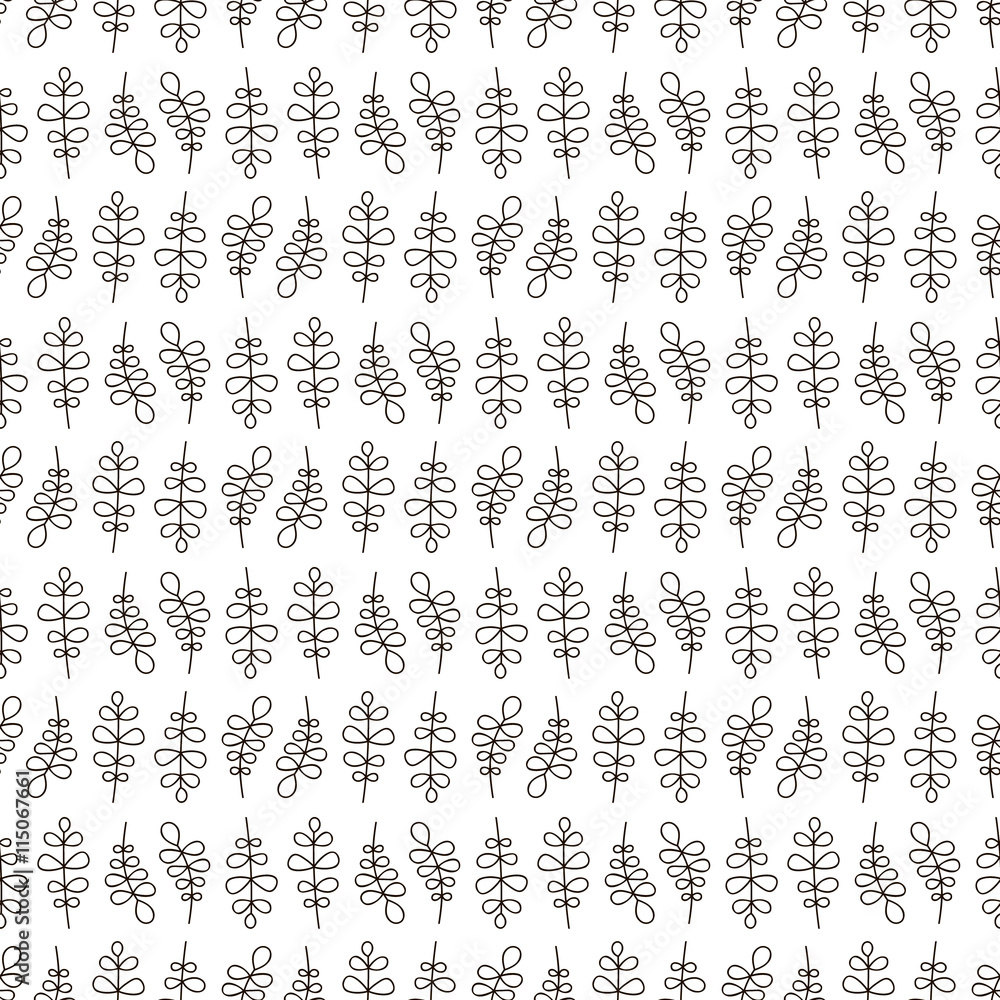 Vector seamless pattern with hand drawn branch with leaf. Doodle outline plants on white background.