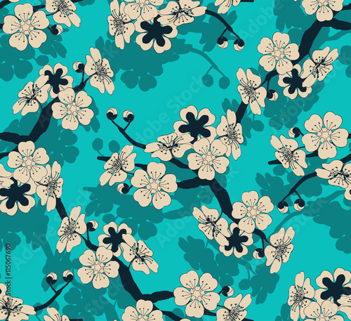 a Japanese style seamless tile with a cherry tree branch and flowers pattern in ivory and blue shades