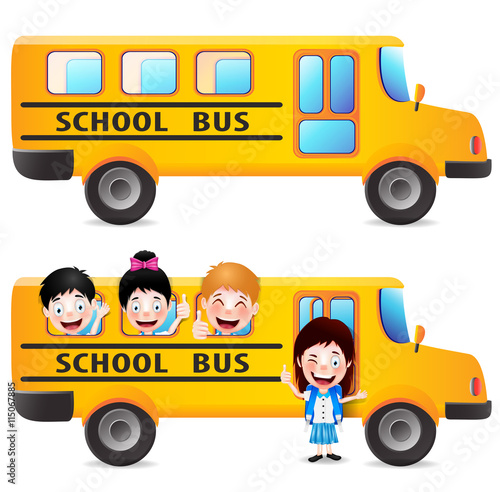 Yellow School Bus With Students Vector Pack
