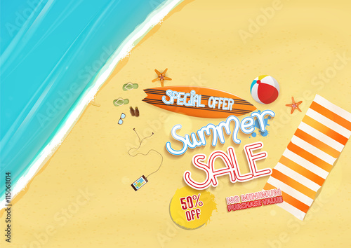 summer sale background design, with text and beach objects,