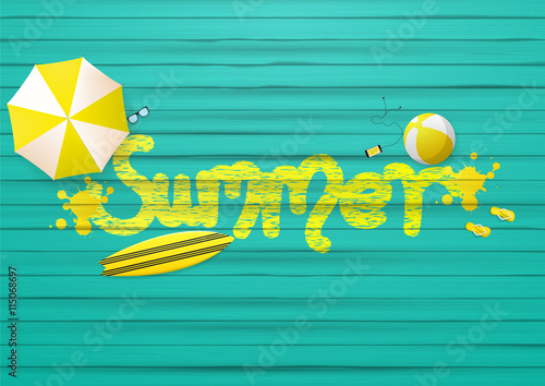 summer background, with painted wooden floor, and beach products.

