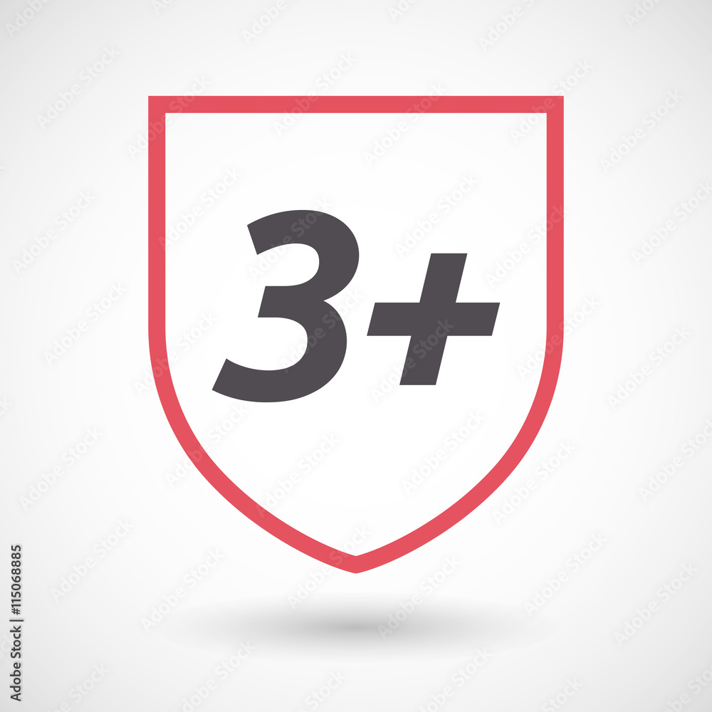 Isolated line art shield icon with the text 3+ Isolated line art shield icon with the text 3+