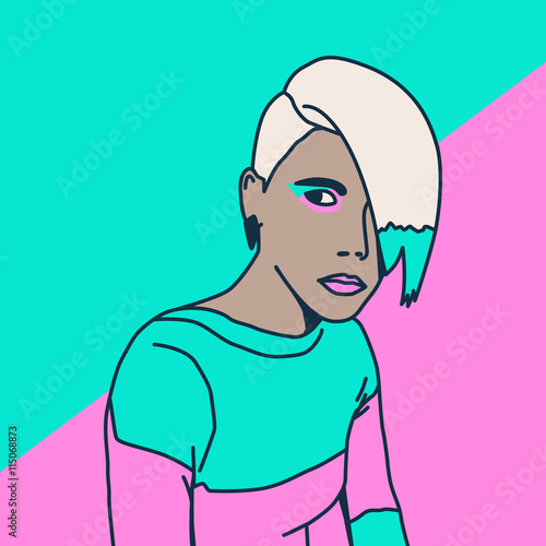 Blonde. Stylish haircut. Vanilla trend. Pop art design.