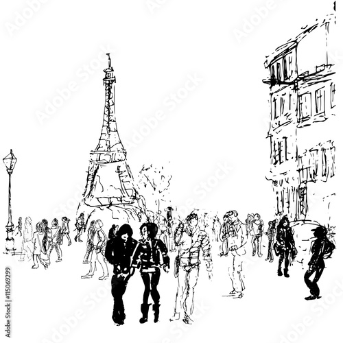 Hand drawn vector sketche. Ink illustration of Paris street, lights, tower, cars, people.