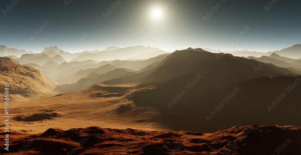 Dust storm on Mars. Sunset on Mars. Martian landscape. 3D rendering ...