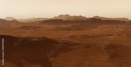 Dust storm on Mars. Sunset on Mars. Martian landscape. 3D rendering