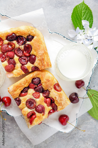 Italian sweet Bread Focaccia with Cherries for Breakfast or Lunc photo