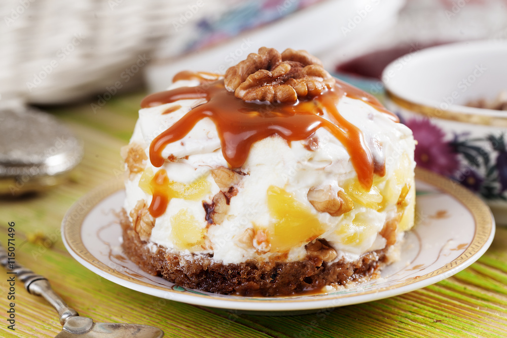 cake with sour cream, whipped, boiled condensed milk, pineapple, walnuts, chocolate, biscuit, cake with sour cream, whipped, boiled condensed milk, pineapple, walnuts, chocolate, biscuit,