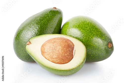 Avocado fruits and half isolated on white, clipping path