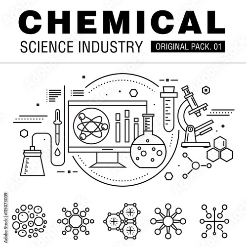 Modern chemical science industry. Thin line icons set biology technology. 