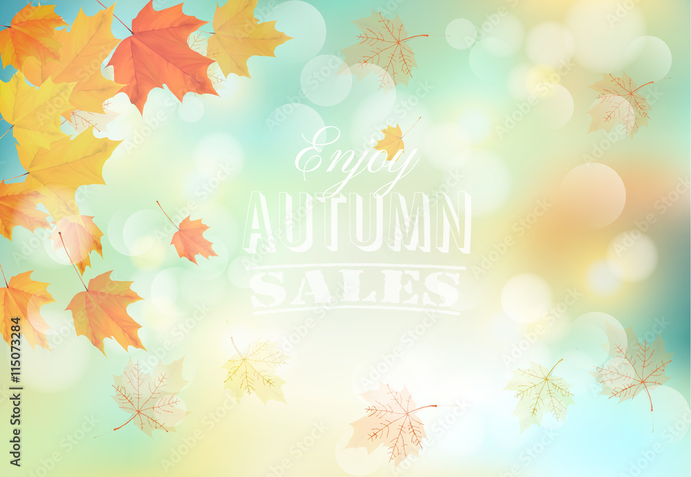 Fototapeta premium Enjoy autumn sales background with colorful leaves. Vector.