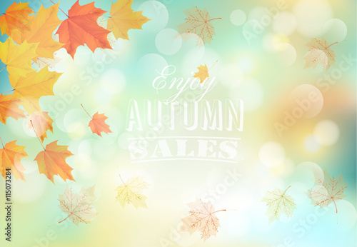 Enjoy autumn sales background with colorful leaves. Vector.