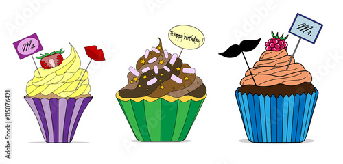 Vector set of different cute cupcakes