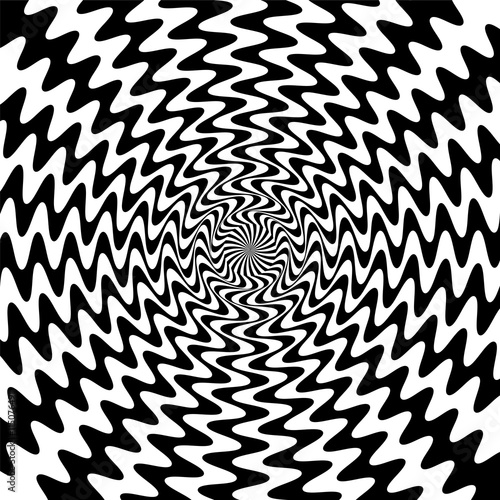 Vector Illustration.  Black and White Wavy Lines Intersect in the Center. The Visual Illusion Of Movement.  Suitable for textile, fabric, packaging and web design.