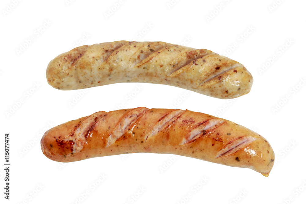 Fried smoked sausages isolated on white background Fried smoked sausages isolated on white background
