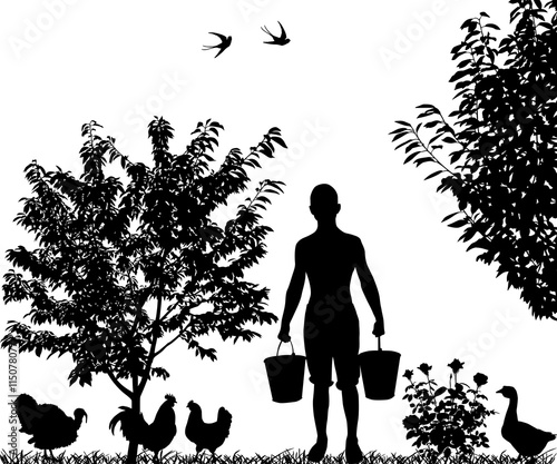 Silhouette of young man with buckets in hands