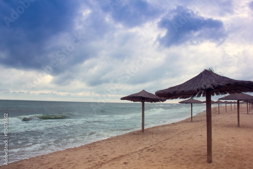 sea coast with thatched umbrellas