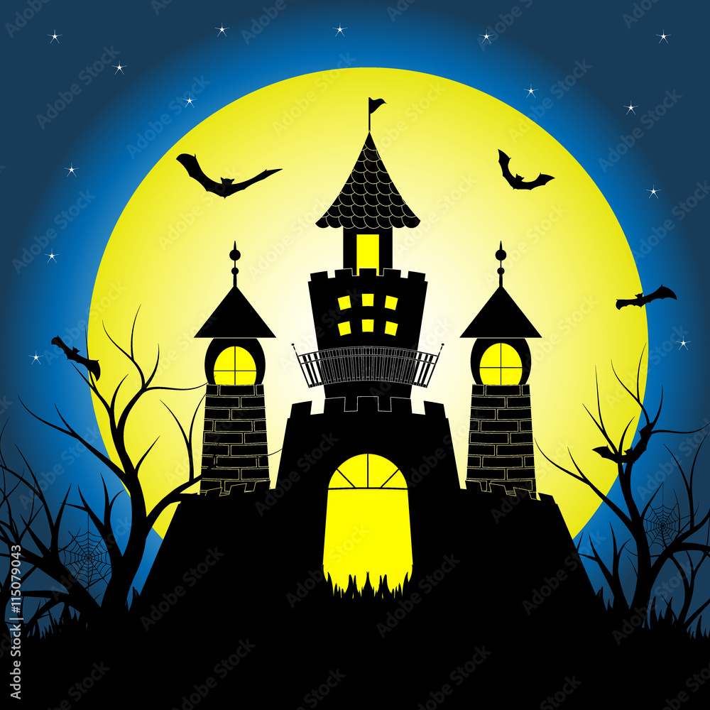 Halloween night with silhouette castle and bats on full moon vector illustration background
