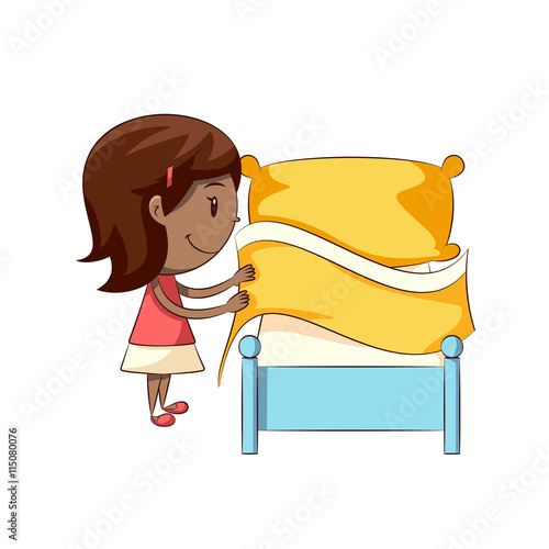 Little girl making bed