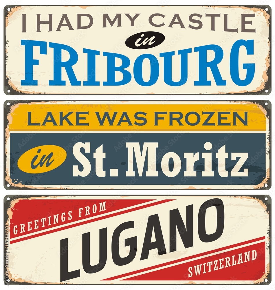 Fototapeta premium Vintage signs collection with cities and tourist attractions in Switzerland