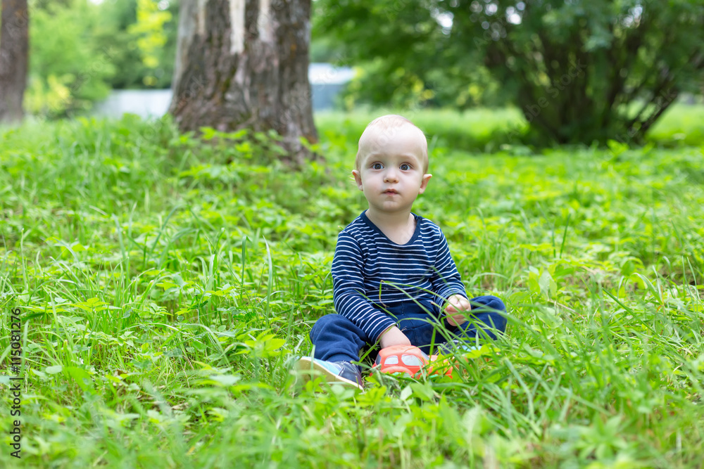 Happy smiling baby boy sitting on grass in sunny summer day Happy smiling baby boy sitting on grass in sunny summer day