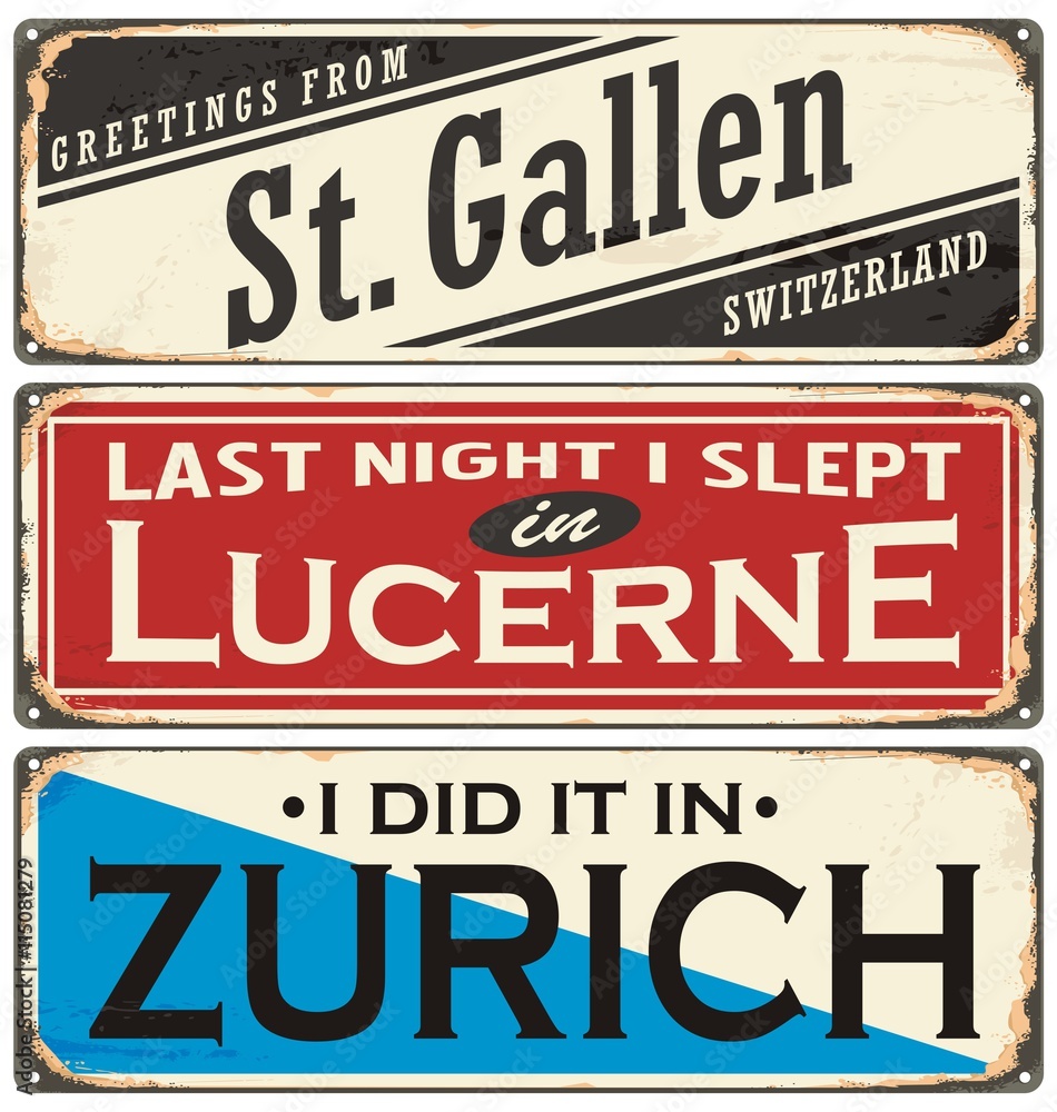 Fototapeta premium Retro rusty tin sign collection with Switzerland city names on old damaged texture