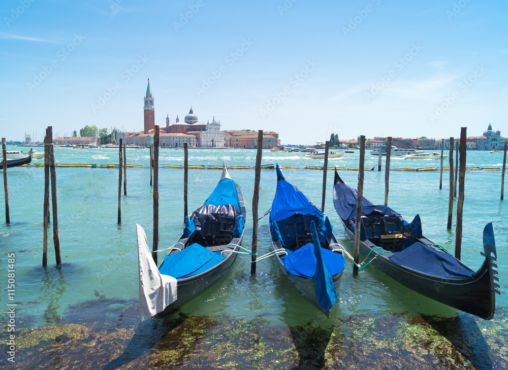 Traditional Gondolas moored on piazza San Marco, Venezia, Italy