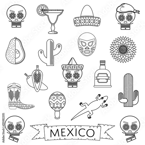 vector mexican line icons calavera cactus lizard maraca sombrero margarita avocado clipart isolated on white