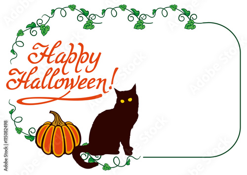 Horizontal frame with black cat, pumpkin and text "Happy Halloween!".Original design element for greeting cards, invitations, prints. Vector clip art.