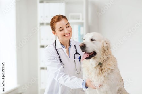 happy doctor with retriever dog at vet clinic photo