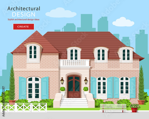 Cool graphic colorful set with private house facade, trees, flowers, bushes and bench. Flat style modern cottage. Detailed architectural design. Cute vector building with city background.