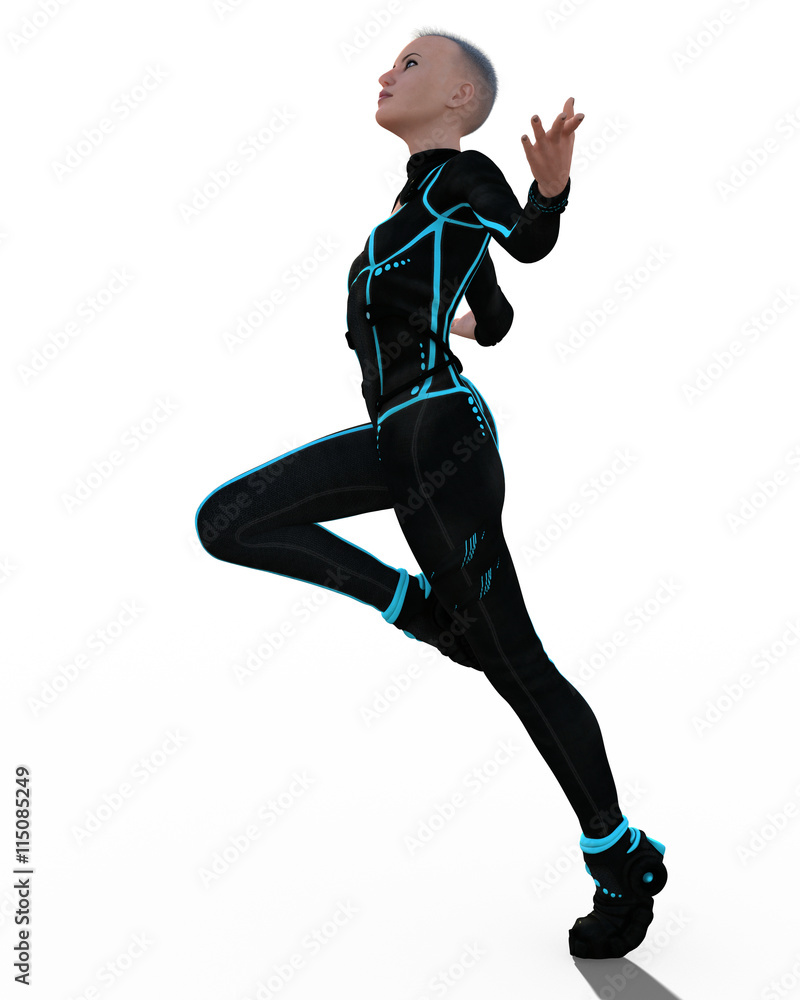 Beautiful girl in sci-fi outfit dancing expressive futuristic dance isolated. 3d illustration. Beautiful girl in sci-fi outfit dancing expressive futuristic dance isolated. 3d illustration.