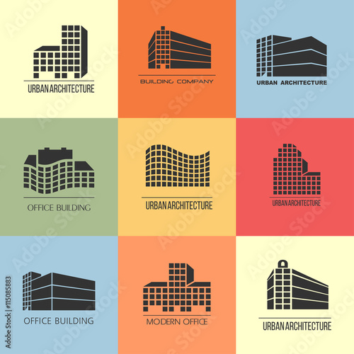 Set of 9 vector logos, urban architecture,icons for a construction company. Buildings, offices, hotels