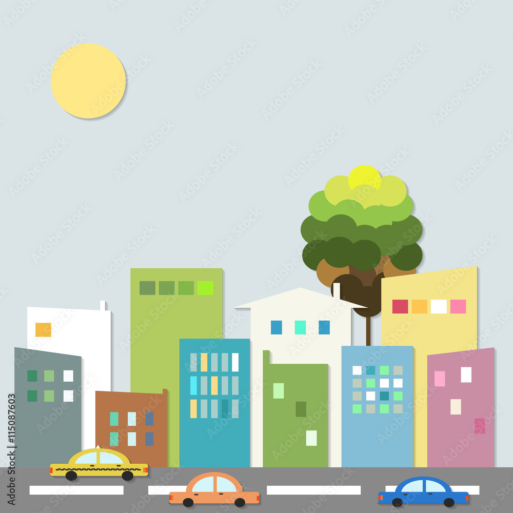 Modern City With Cars And Colorful Houses. Healthy Living Concept.